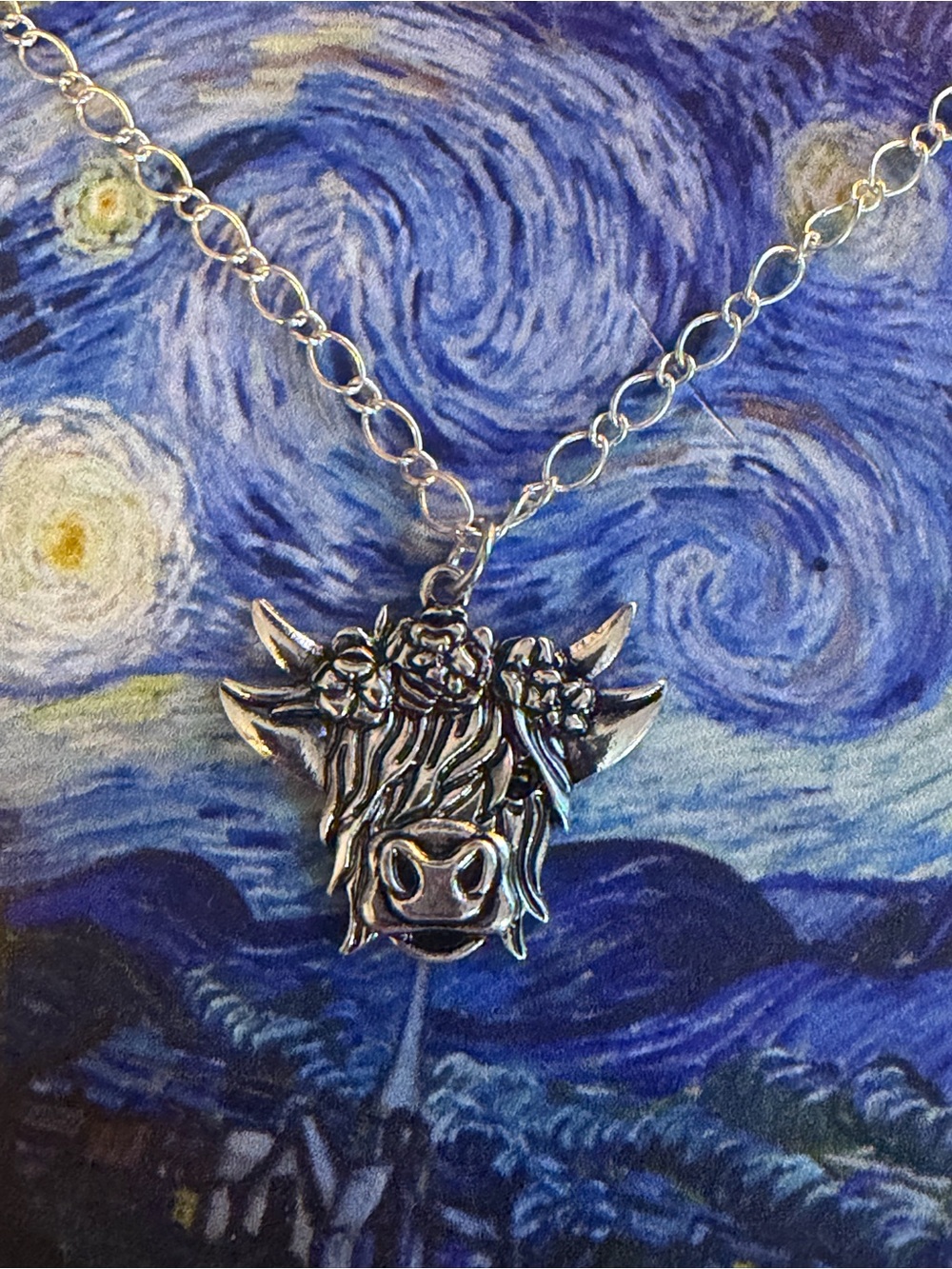 Silver Highland Cow Pendant Necklace with Floral Detail